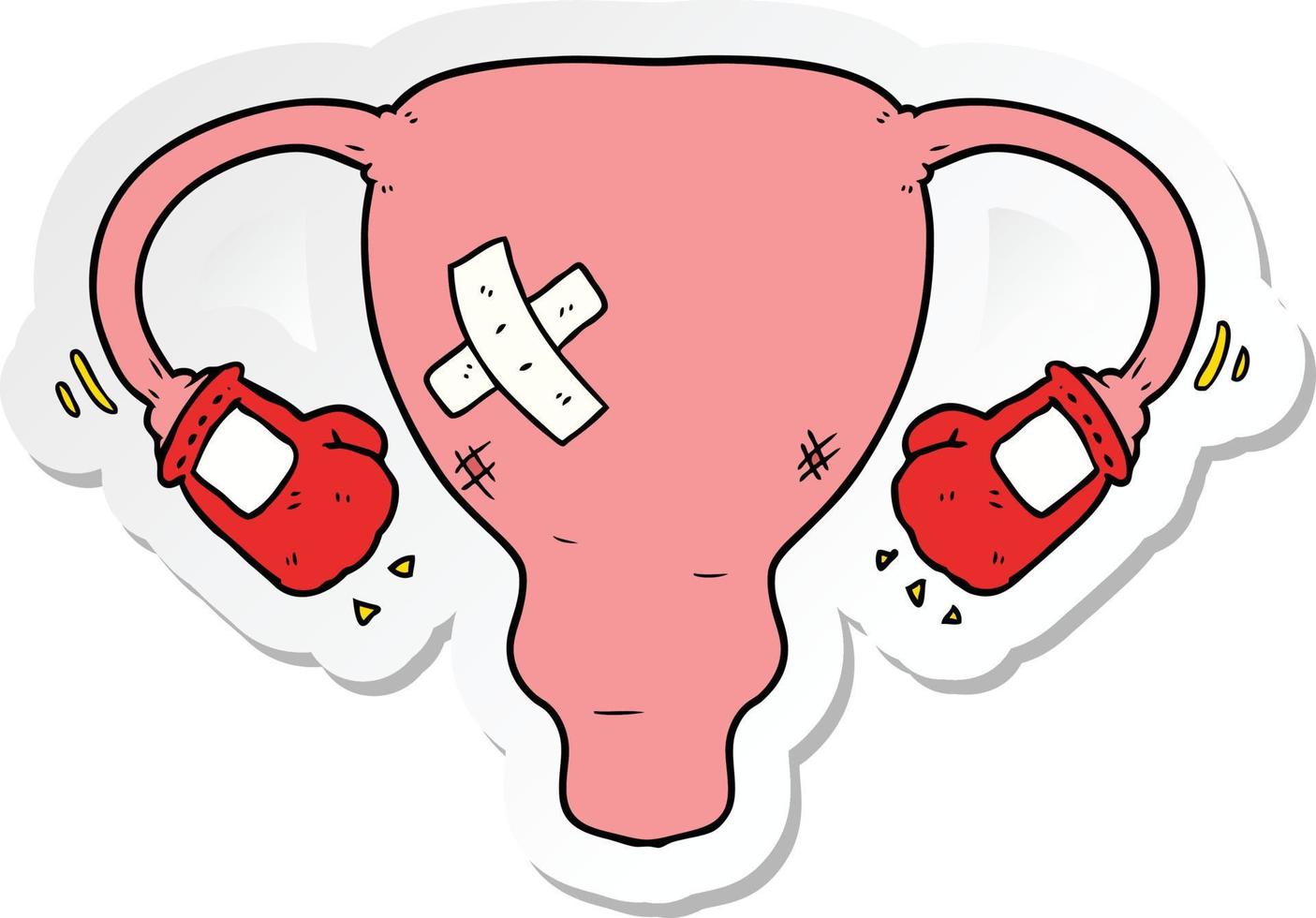 sticker van een cartoon die de baarmoeder in elkaar slaat met bokshandschoenen vector