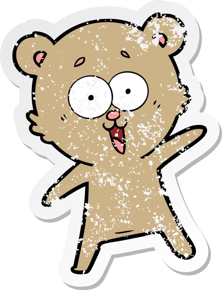 verontruste sticker van een cartoon van een lachende teddybeer vector