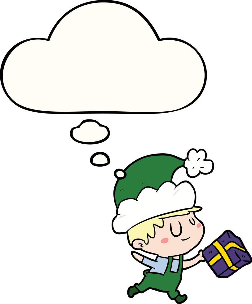 cartoon happy christmas elf en gedachte bel vector