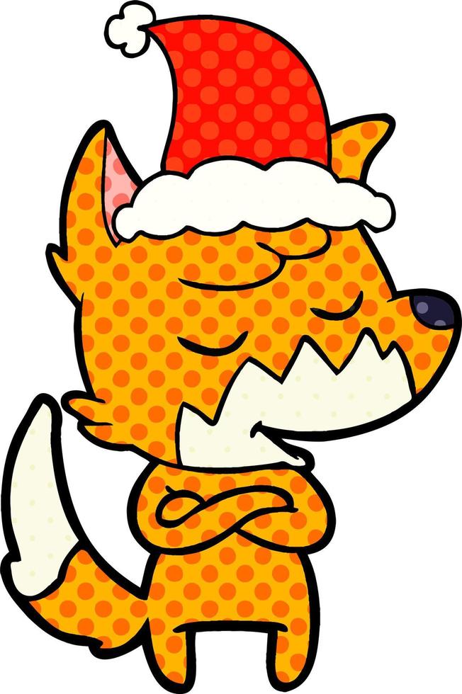 vriendelijke stripboekstijlillustratie van een vos met een kerstmuts vector