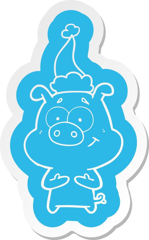 happy cartoon sticker van een varken met een kerstmuts vector