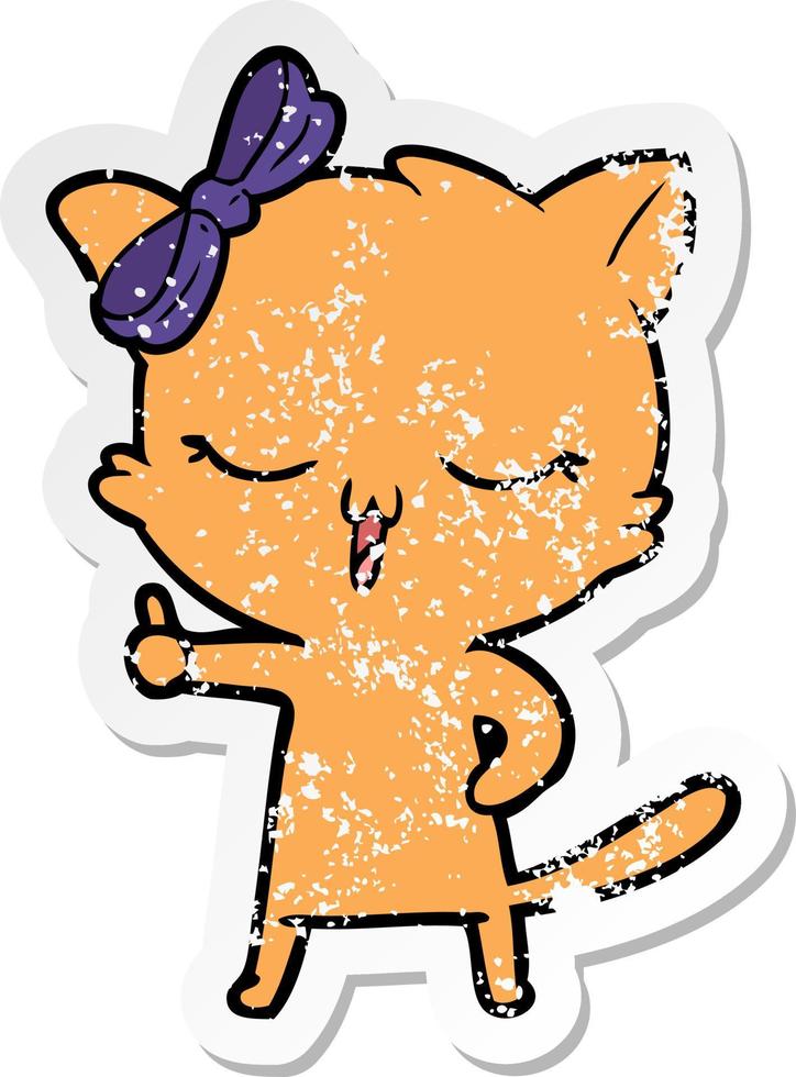 verontruste sticker van een cartoonkat met een strik op het hoofd vector