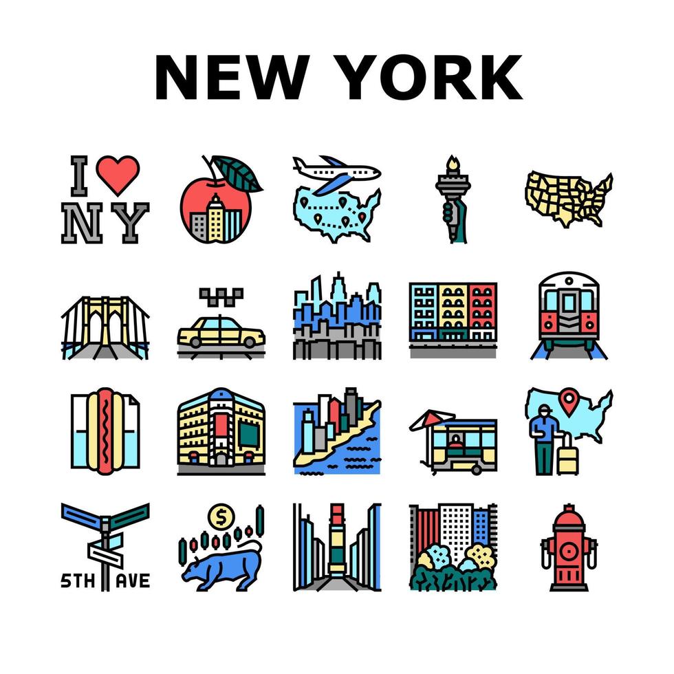 new york amerikaanse stad bezienswaardigheden pictogrammen instellen vector