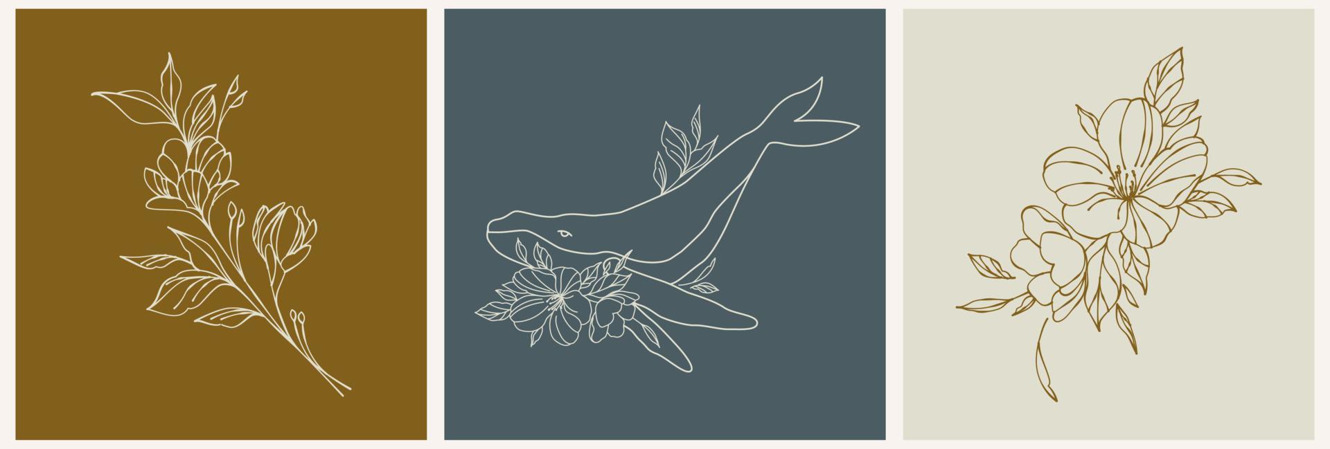 logo sjabloon in lineaire stijl. walvis met bloemen. esoterische illustratie in retrostijl vector