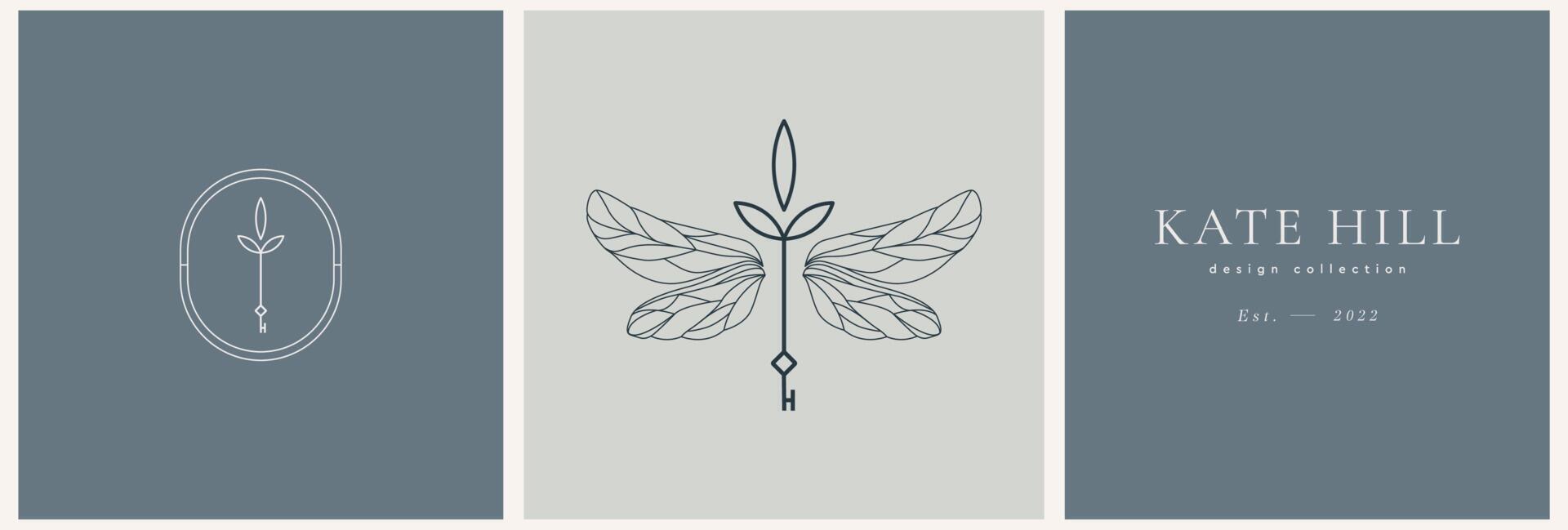 Dragonfly Wings-logosjablonen met sleutel in trendy lineaire stijl voor sieraden voor exclusieve diensten en producten, schoonheids- en spa-industrie vector