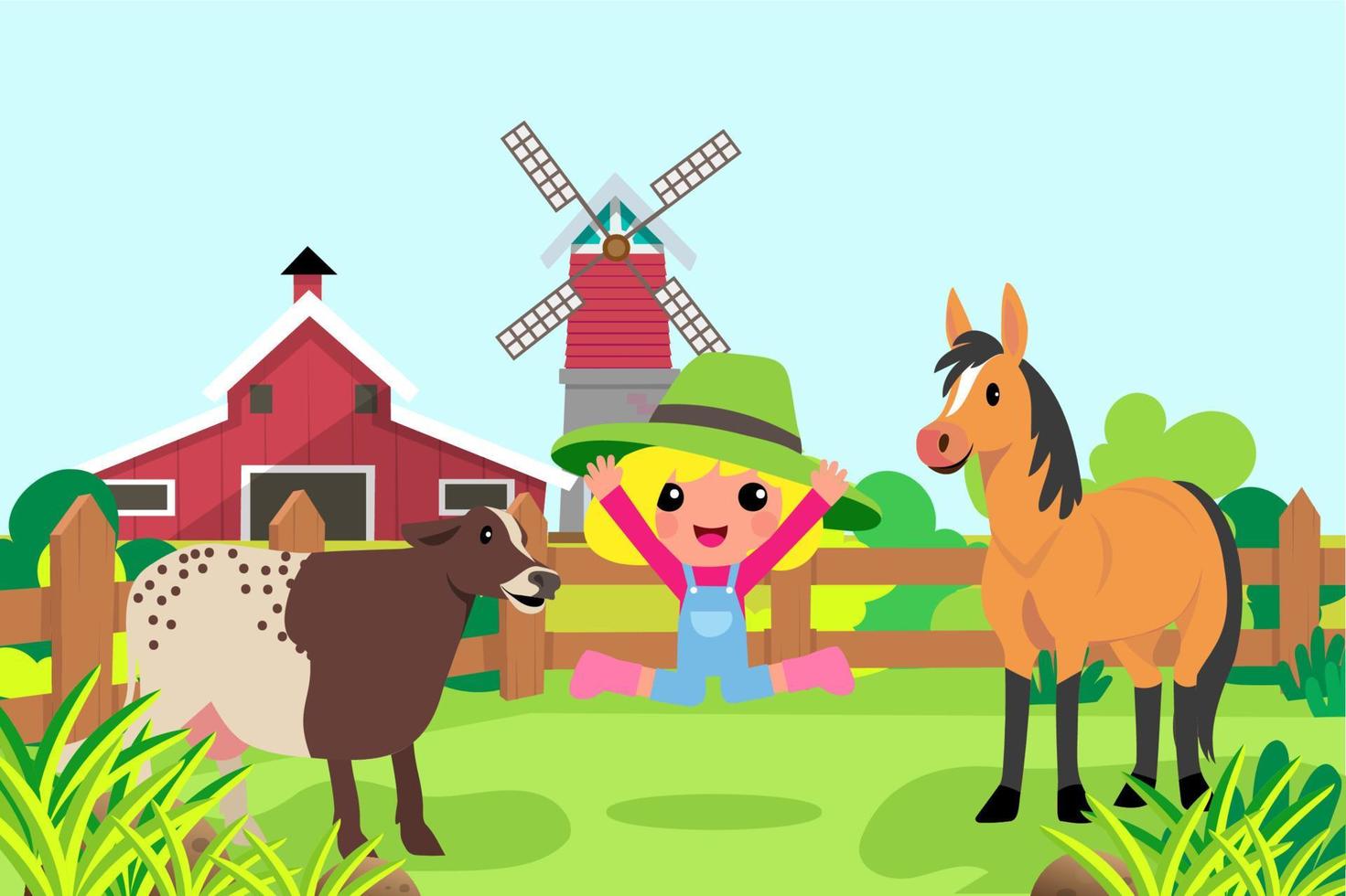 schattige dieren in ranch, boerderij en landbouw. illustraties van het dorpsleven en objecten ontwerpen voor banner, lay-out, jaarverslag, web, flyer, brochure, advertentie. vector