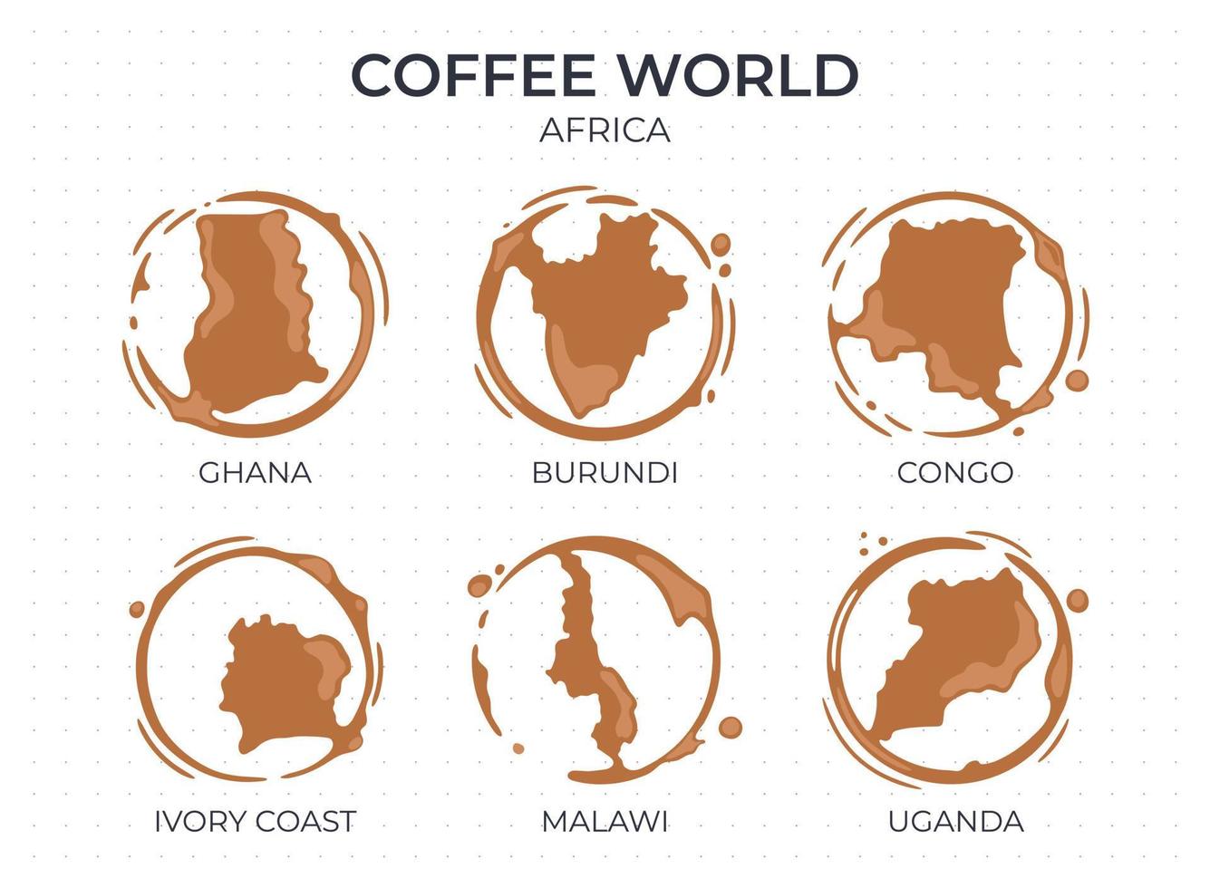 verzameling koffiekopjes ronde vlekken in de vorm van een koffie herkomstlanden, producenten en exporteurs uit afrika. vector druppels en spatten op wit.