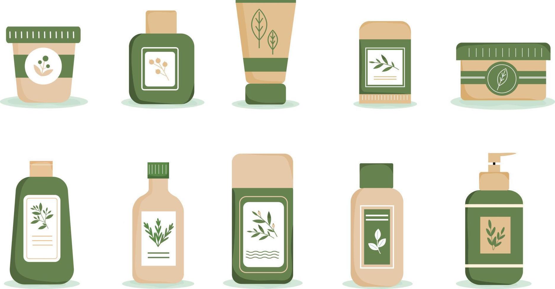 biologische, natuurlijke, milieuvriendelijke cosmetica. set flessen, potten en tubes met kruidendecoratie. plantaardige cosmetica. crème, masker, shampoo, zeep, lotion, balsem. vectorillustratie in vlakke stijl. vector