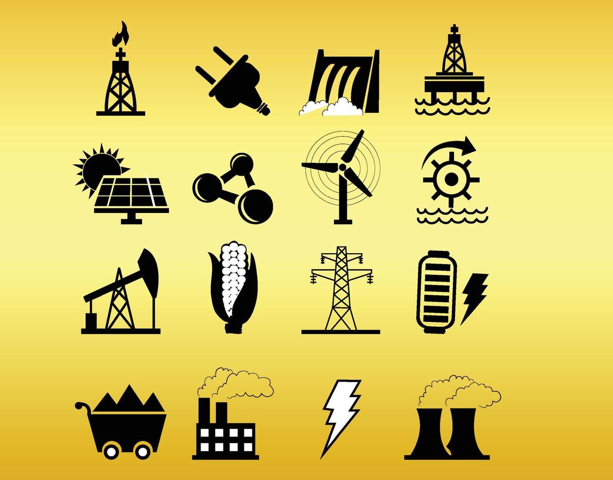 elektriciteitscentrale platte glyph iconen set vector