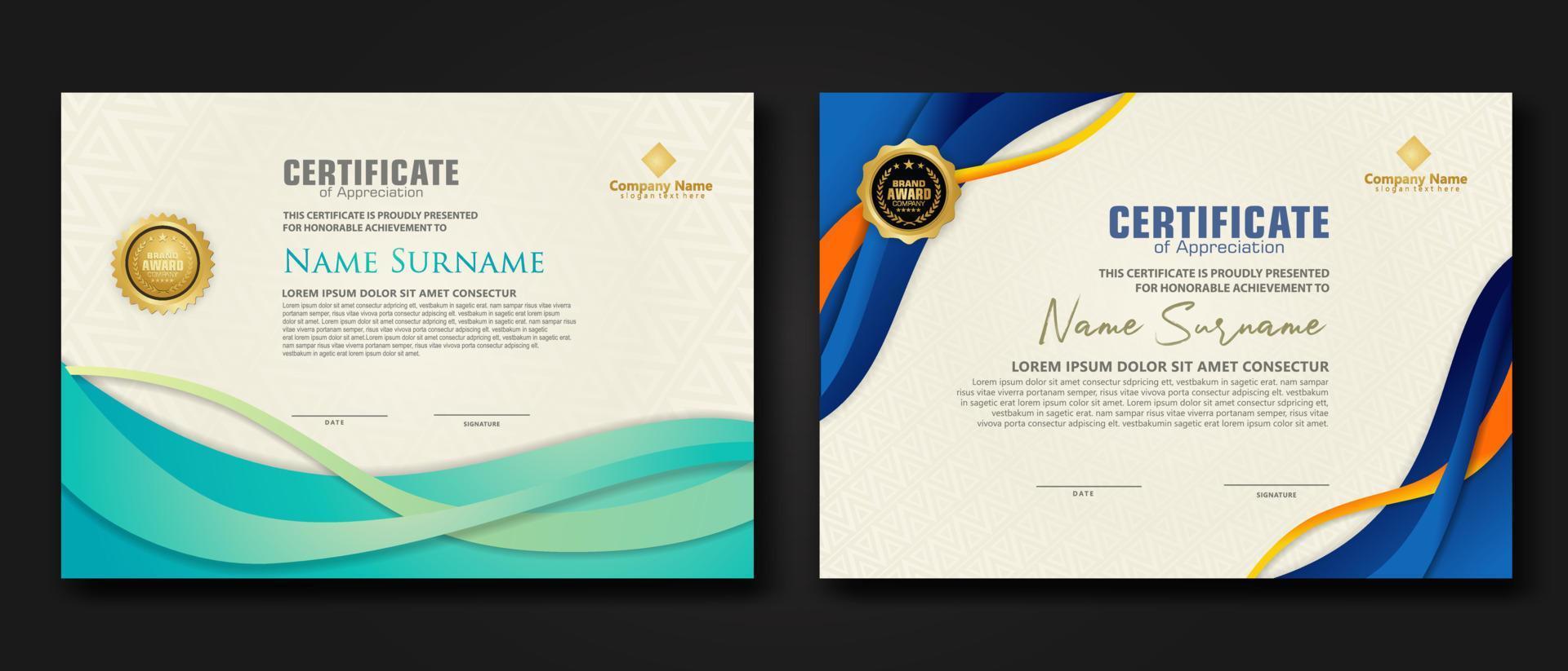 twee set certificaatsjabloon met dynamische en futuristische golf moderne achtergrond vector