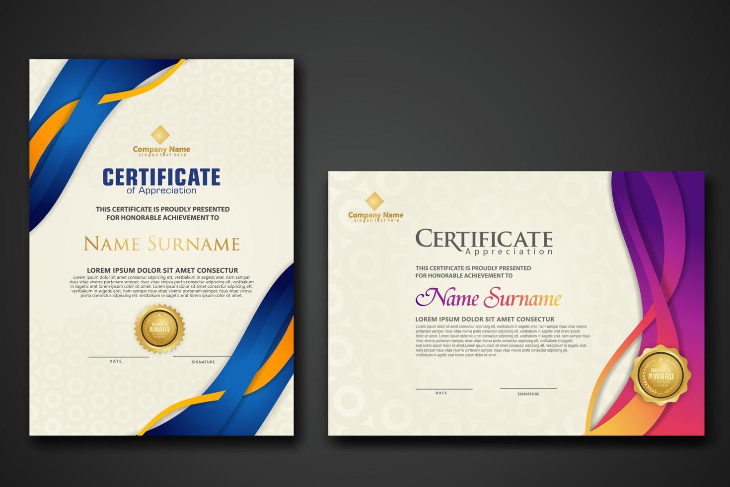 twee set certificaatsjabloon met dynamische en futuristische golf moderne achtergrond vector