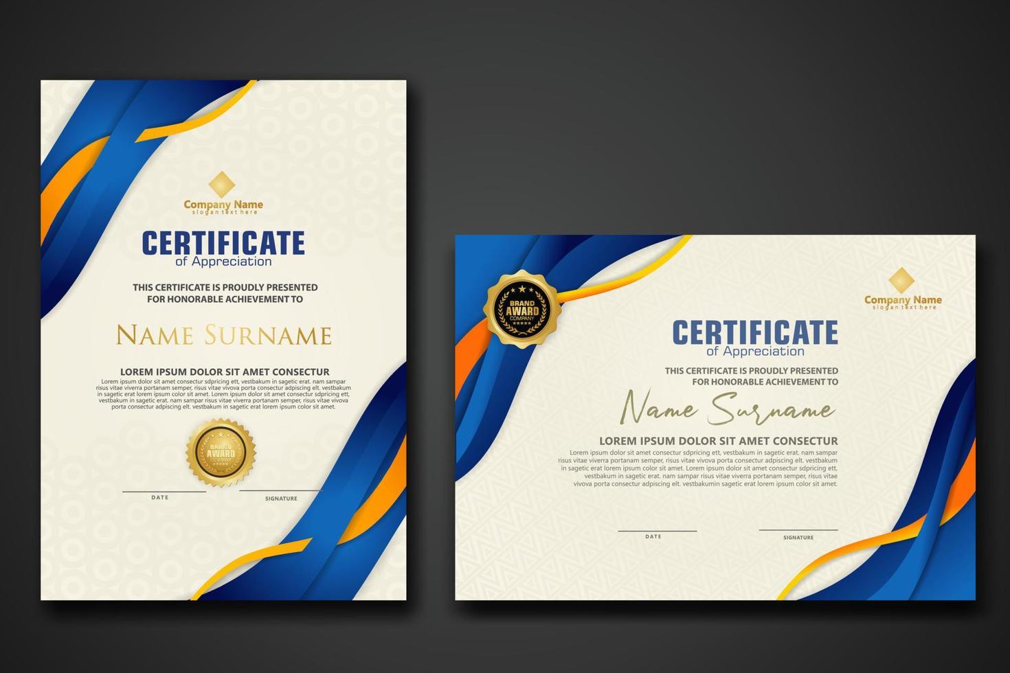 twee set certificaatsjabloon met dynamische en futuristische golf moderne achtergrond vector