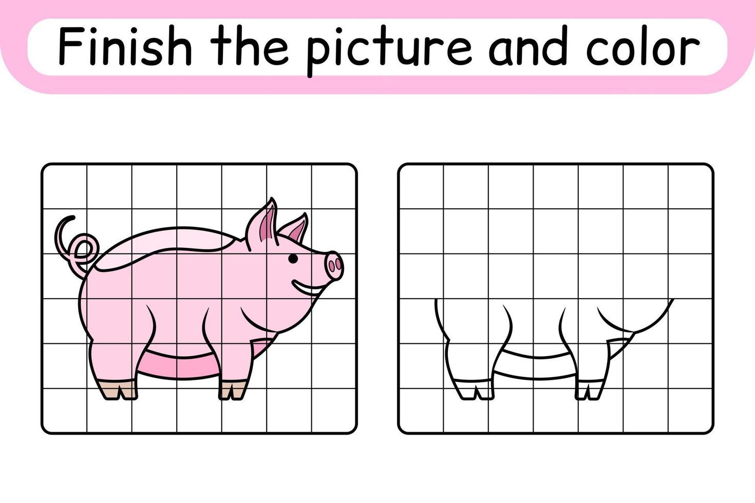 maak het plaatje varken compleet. kopieer de afbeelding en kleur. maak het beeld af. kleurboek. educatief tekenoefenspel voor kinderen vector