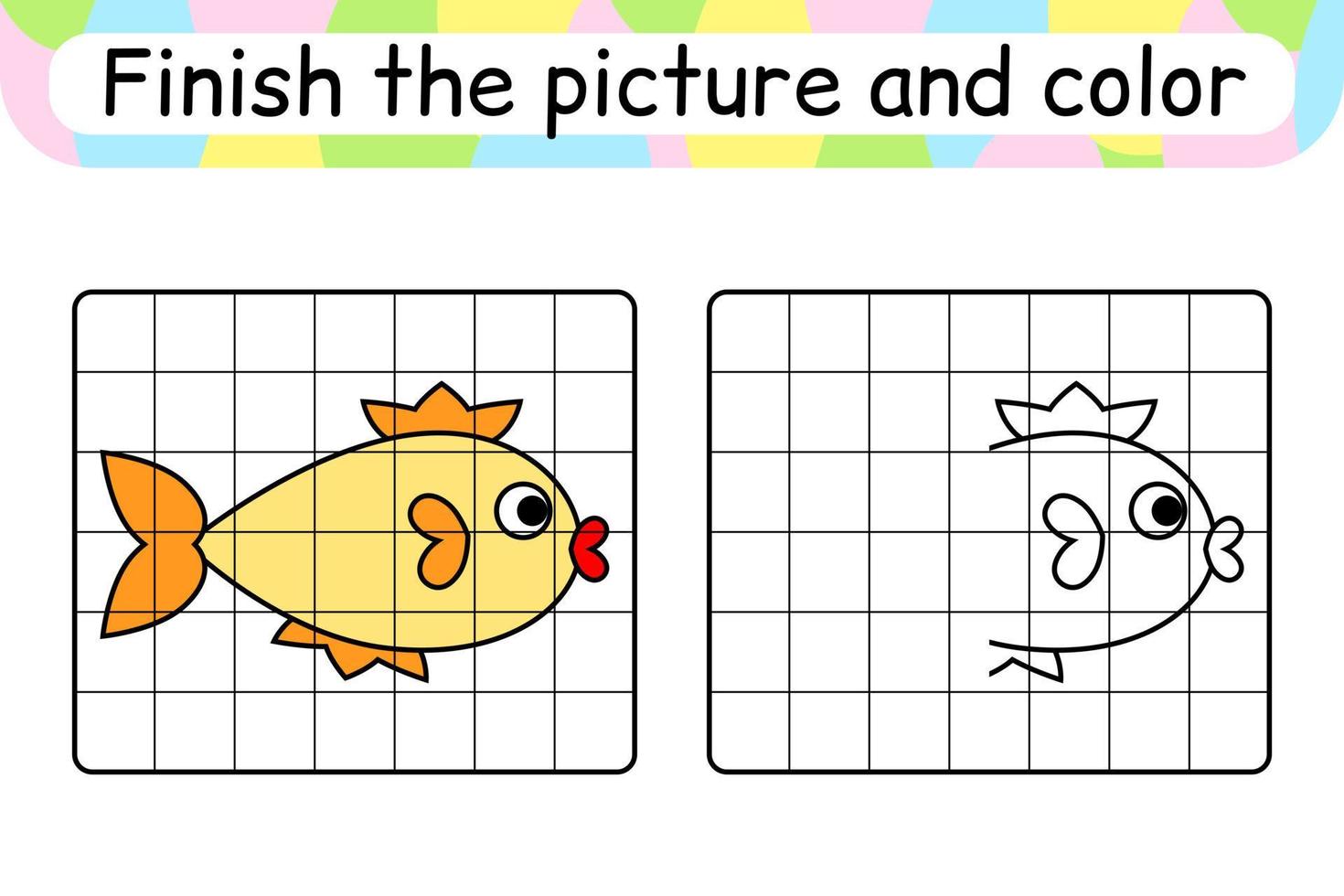 maak het plaatje vis compleet. kopieer de afbeelding en kleur. maak het beeld af. kleurboek. educatief tekenoefenspel voor kinderen vector