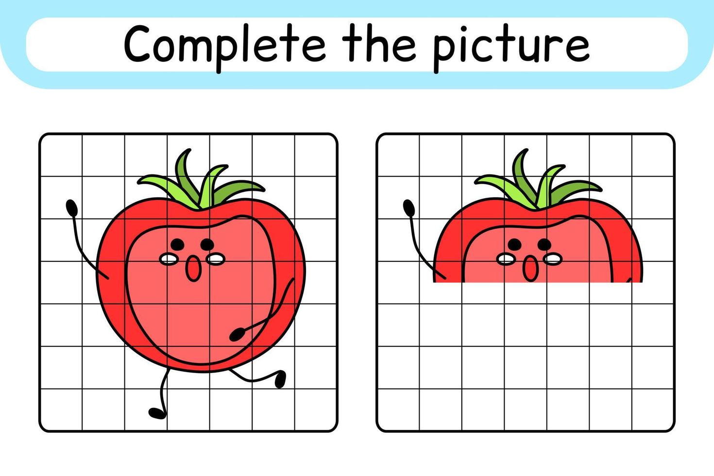 maak het plaatje tomaat compleet. kopieer de afbeelding en kleur. maak het beeld af. kleurboek. educatief tekenoefenspel voor kinderen vector