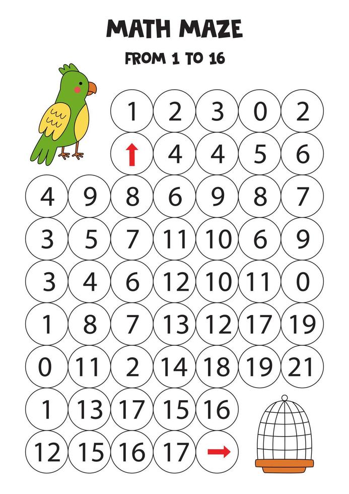 krijg een schattige papegaai in de kooi door tot 16 te tellen. vector