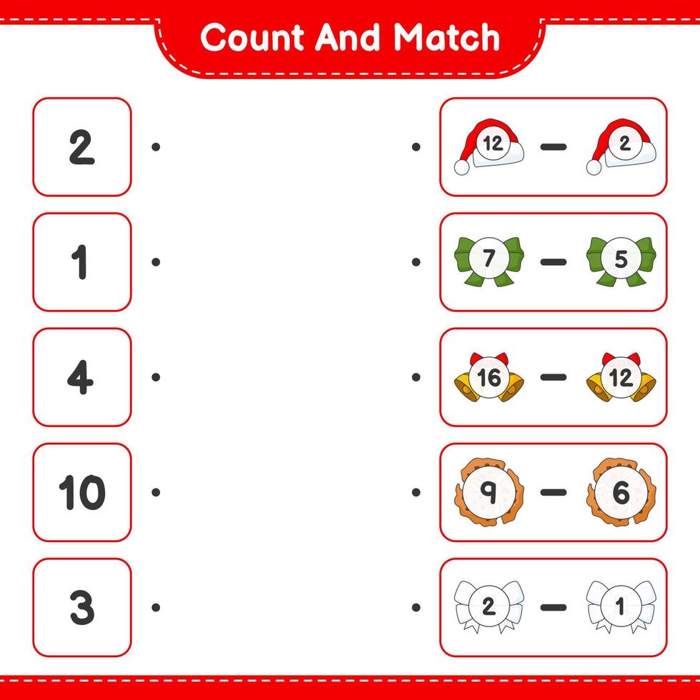 tel en match, tel het aantal lint, hoed, kerstbel, koekjes en match met de juiste cijfers. educatief kinderspel, afdrukbaar werkblad, vectorillustratie vector