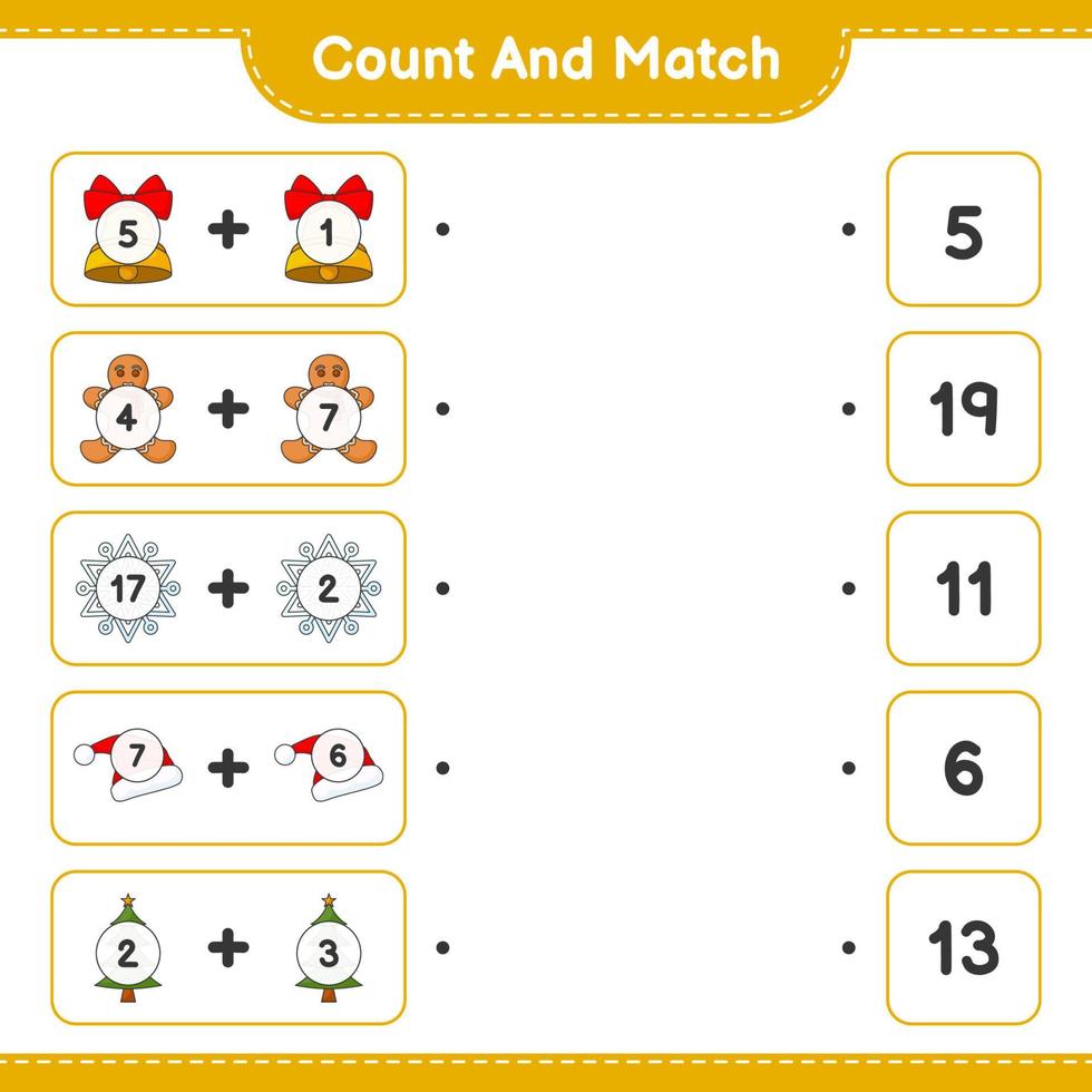 tel en match, tel het aantal sneeuwvlokjes, hoed, boom, bel, peperkoekmannetje en match met de juiste cijfers. educatief kinderspel, afdrukbaar werkblad, vectorillustratie vector