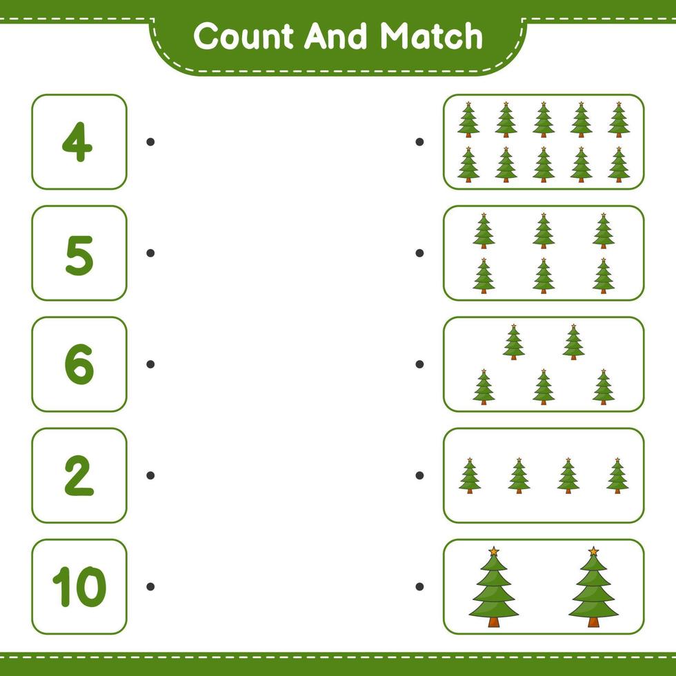 tel en match, tel het aantal kerstboom en match met de juiste nummers. educatief kinderspel, afdrukbaar werkblad, vectorillustratie vector