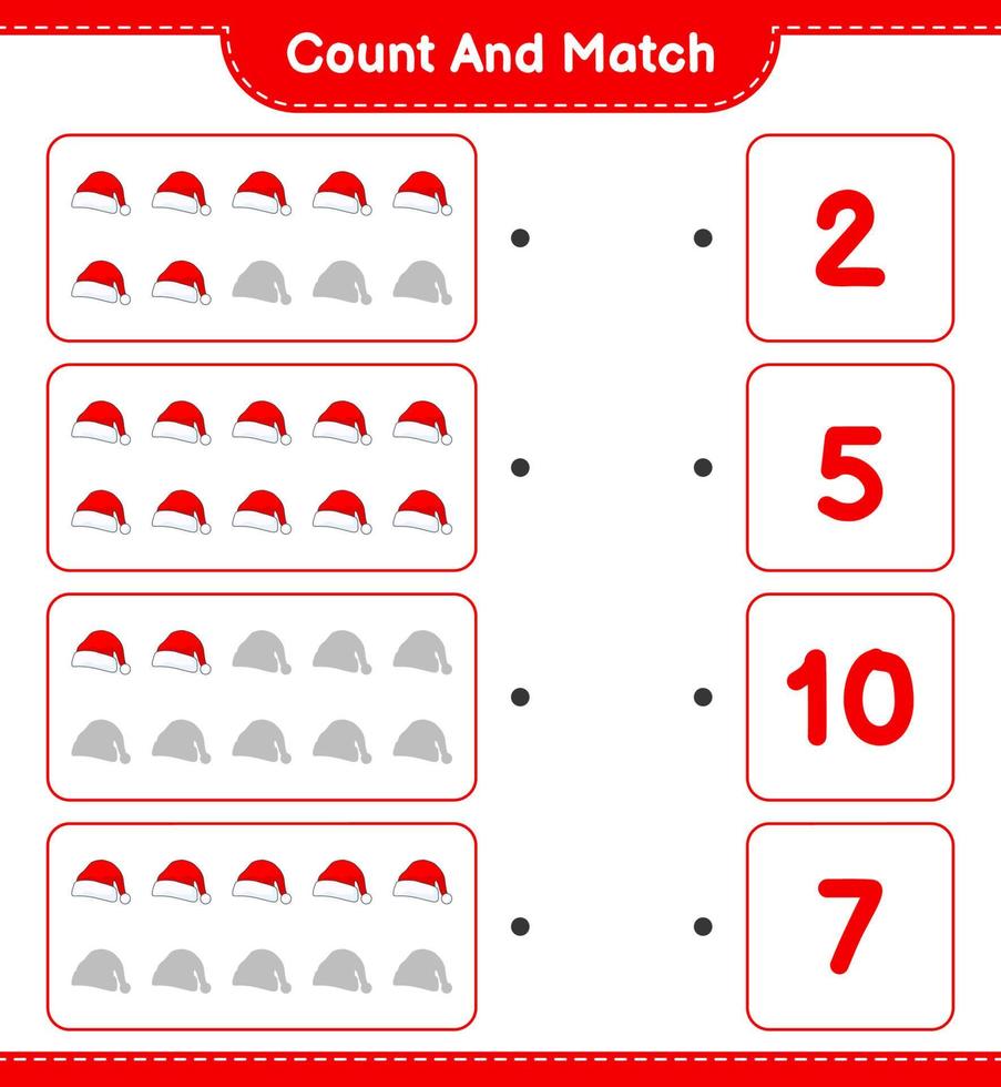 tel en match, tel het aantal kerstmutsen en match met de juiste nummers. educatief kinderspel, afdrukbaar werkblad, vectorillustratie vector