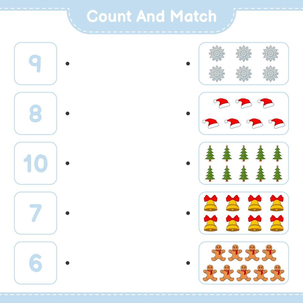 tel en match, tel het aantal sneeuwvlokjes, hoed, boom, bel, peperkoekmannetje en match met de juiste cijfers. educatief kinderspel, afdrukbaar werkblad, vectorillustratie vector