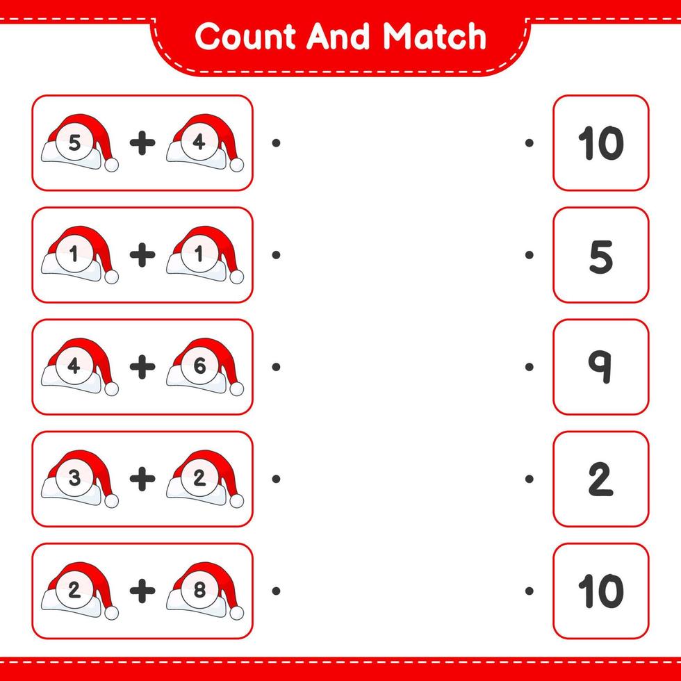 tel en match, tel het aantal kerstmutsen en match met de juiste nummers. educatief kinderspel, afdrukbaar werkblad, vectorillustratie vector