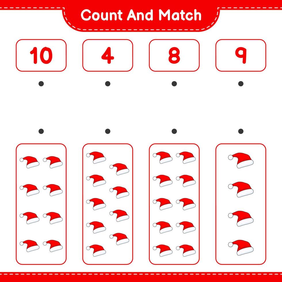 tel en match, tel het aantal kerstmutsen en match met de juiste nummers. educatief kinderspel, afdrukbaar werkblad, vectorillustratie vector