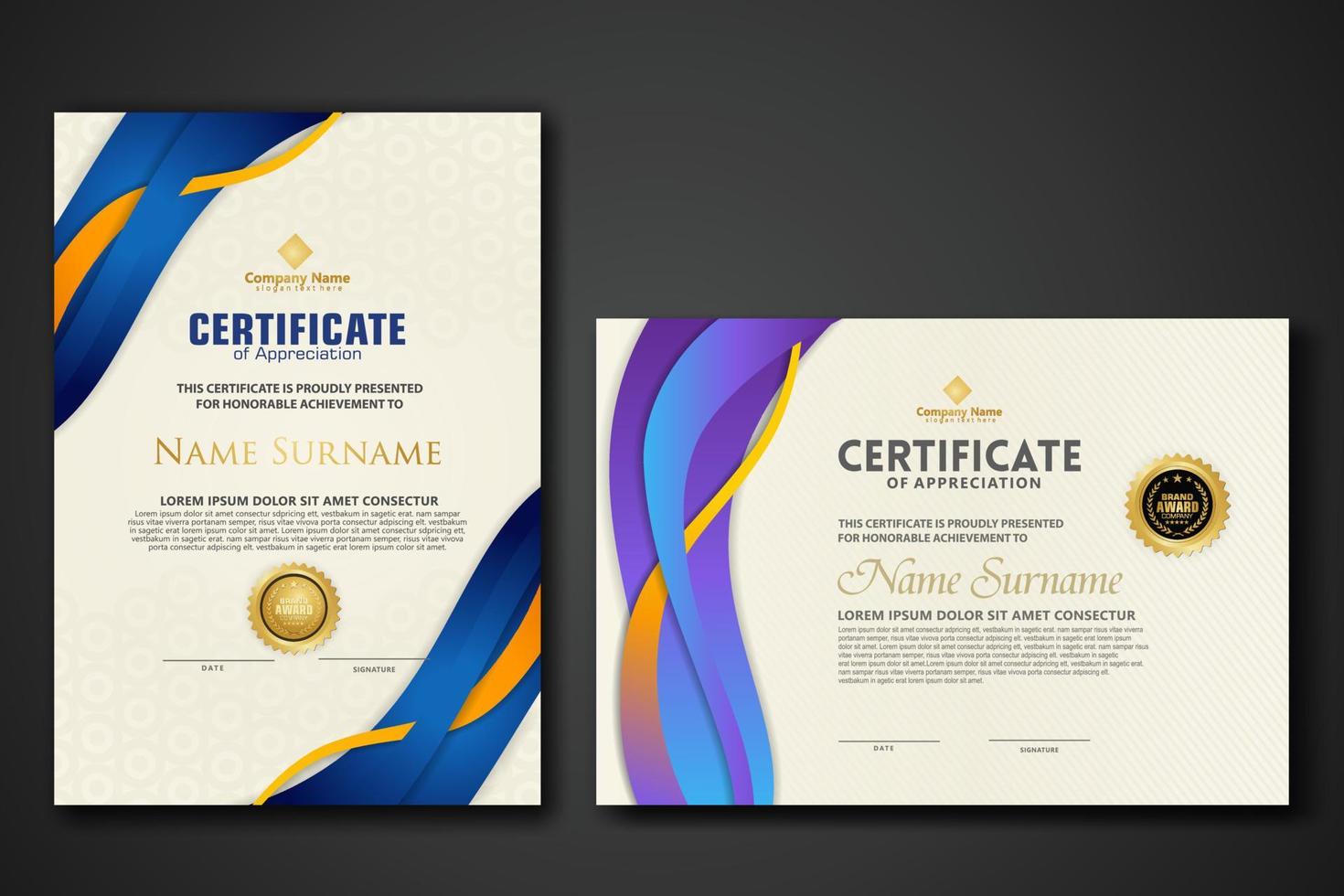 twee set certificaatsjabloon met dynamische en futuristische golf moderne achtergrond vector