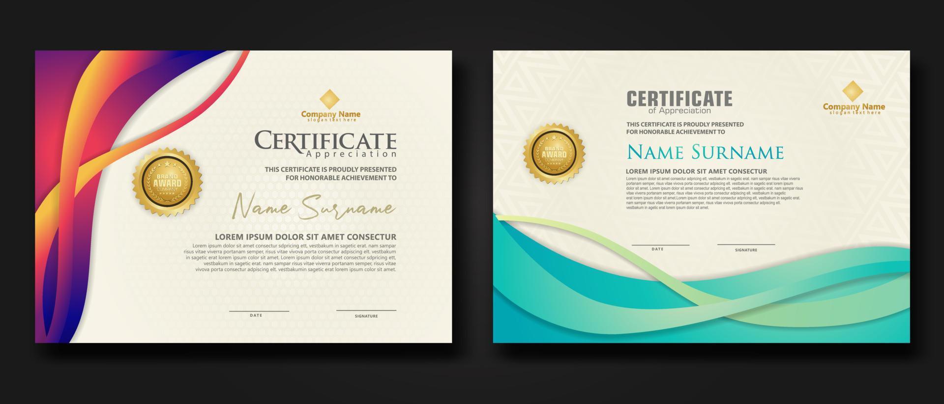 twee set certificaatsjabloon met dynamische en futuristische golf moderne achtergrond vector