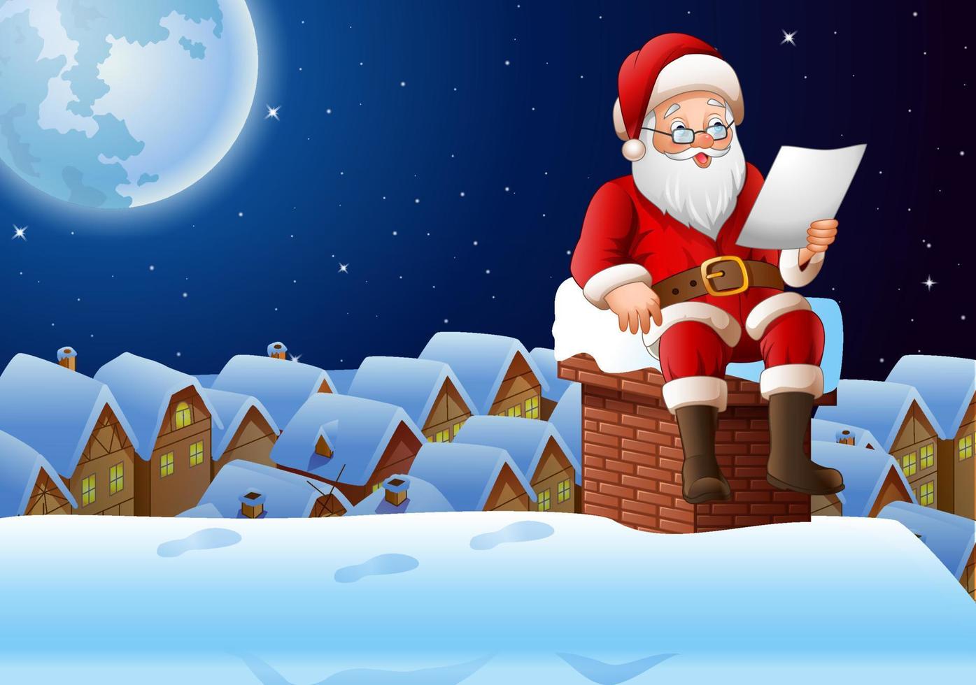 cartoon kerstman zit bij schoorsteen en leest een brief vector