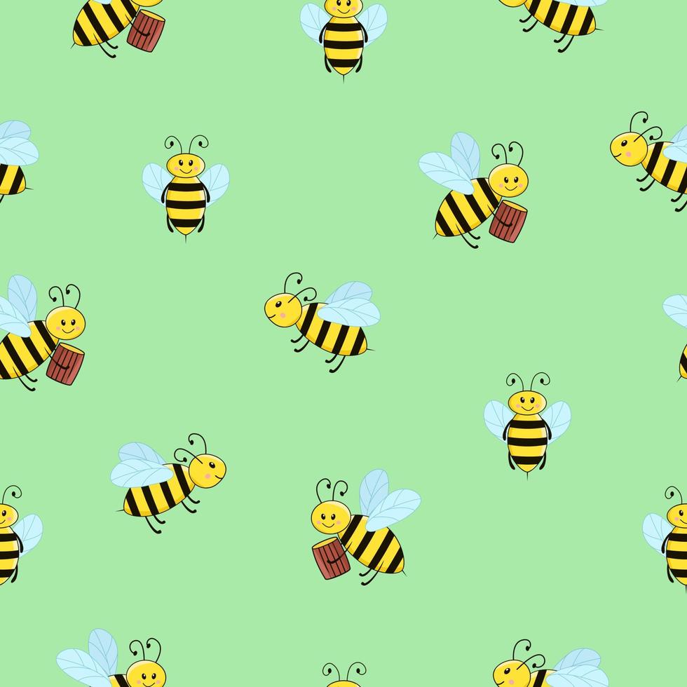 naadloos patroon van grappige cartoonbijen op een groene achtergrond vector