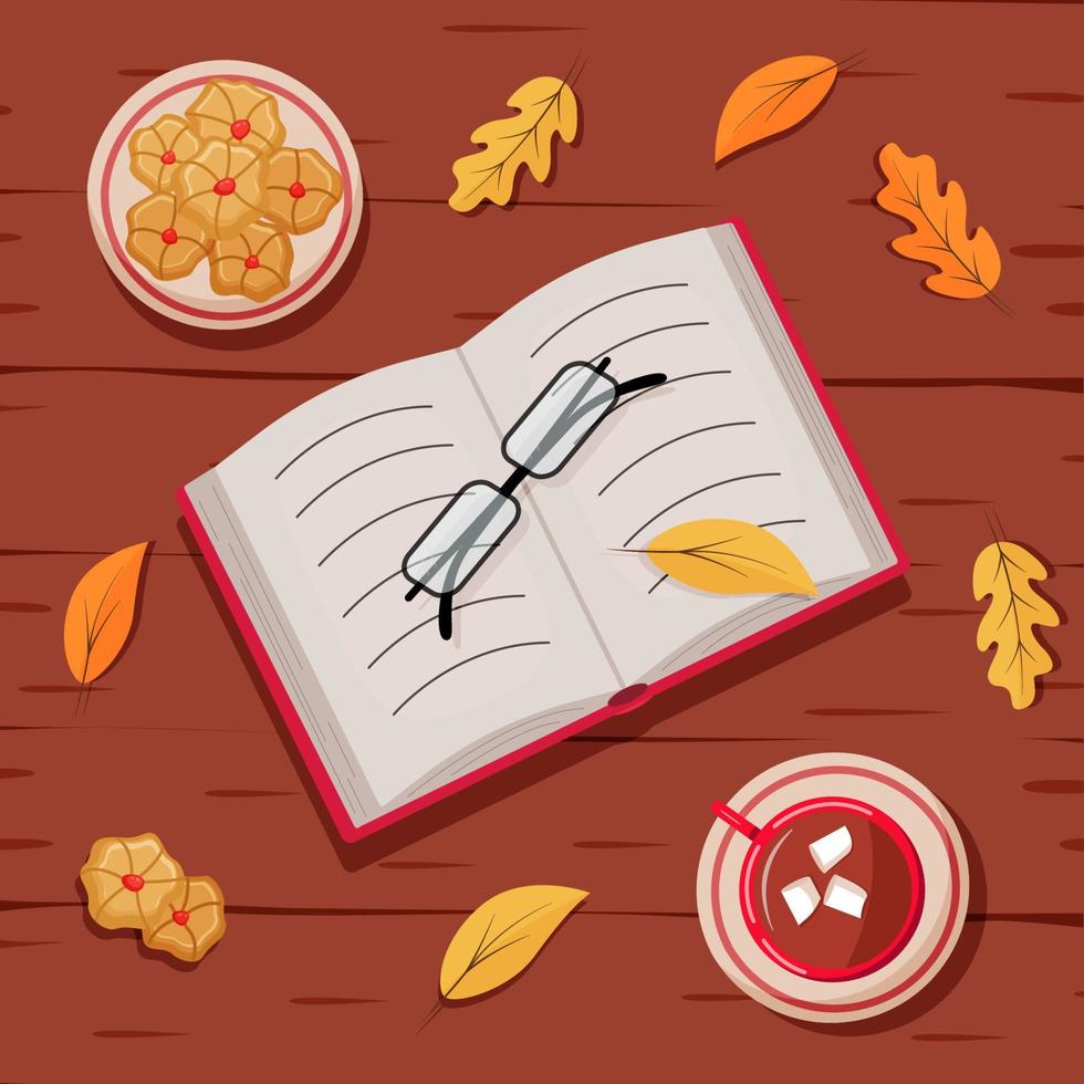 herfst flatley achtergrond, een kopje warme chocolademelk, koekjes, glazen en een boek. gezellig herfstconcept. vectorillustratie vector