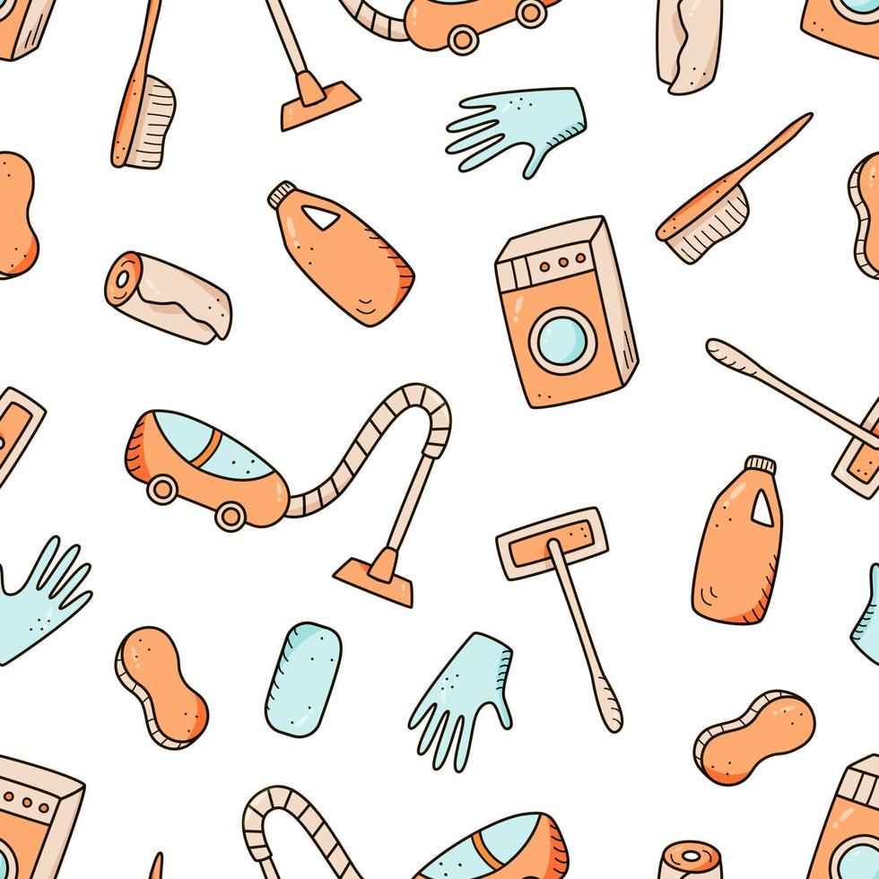 naadloze patroon doodle stijl vector schoonmaak elementen. een reeks tekeningen van schoonmaakproducten en items. kamer wasset