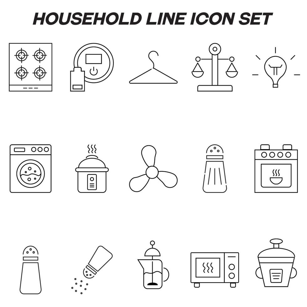 huishouden en dagelijkse routine concept. verzameling moderne overzichts zwart-wit pictogrammen in vlakke stijl. lijn icon set van oven, robot stofzuiger, hanger, schalen, gloeilamp vector