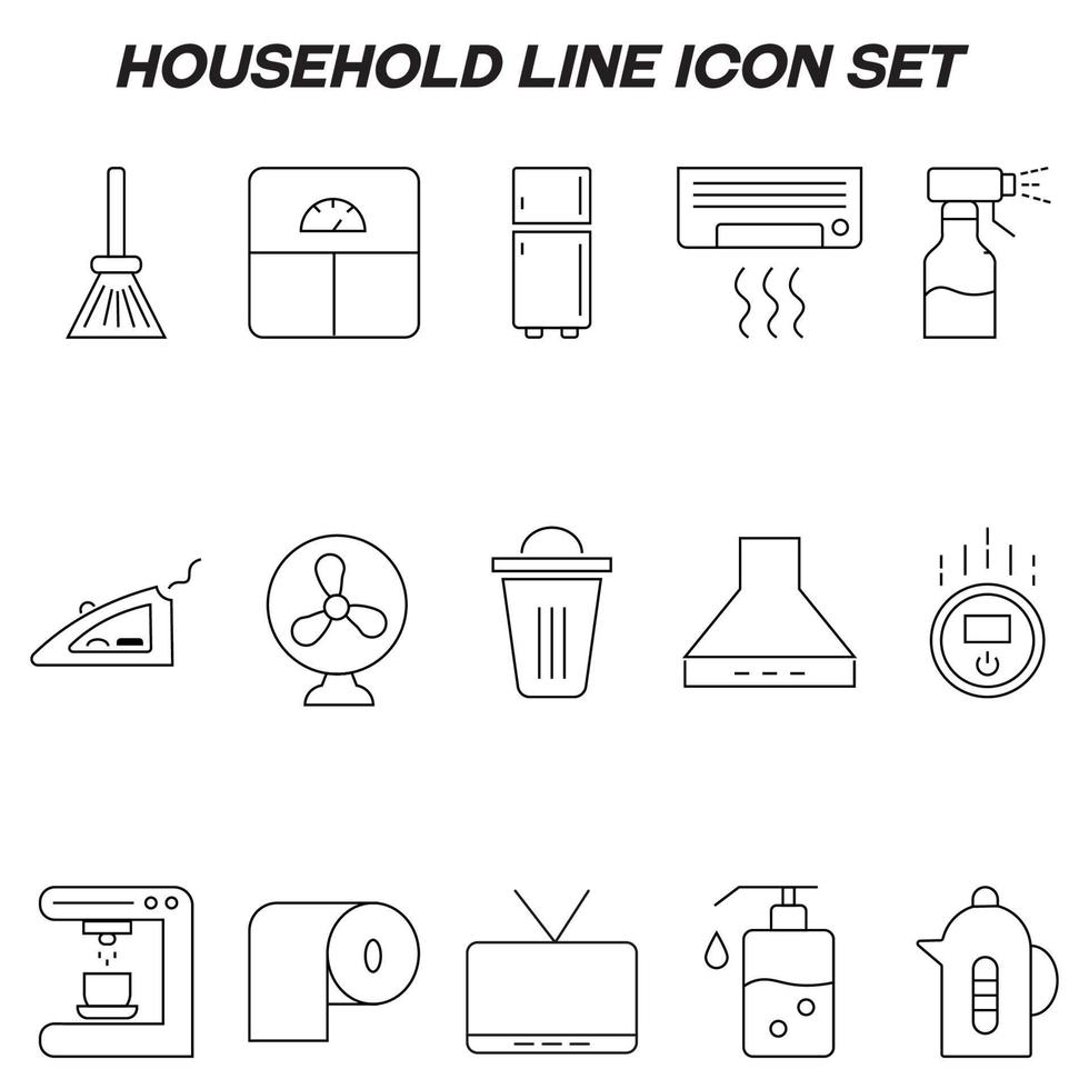 huishouden en dagelijkse routine concept. verzameling moderne overzichts zwart-wit pictogrammen in vlakke stijl. lijn icon set van bezem, schalen, koelkast, airconditioner, sprinkler etc vector