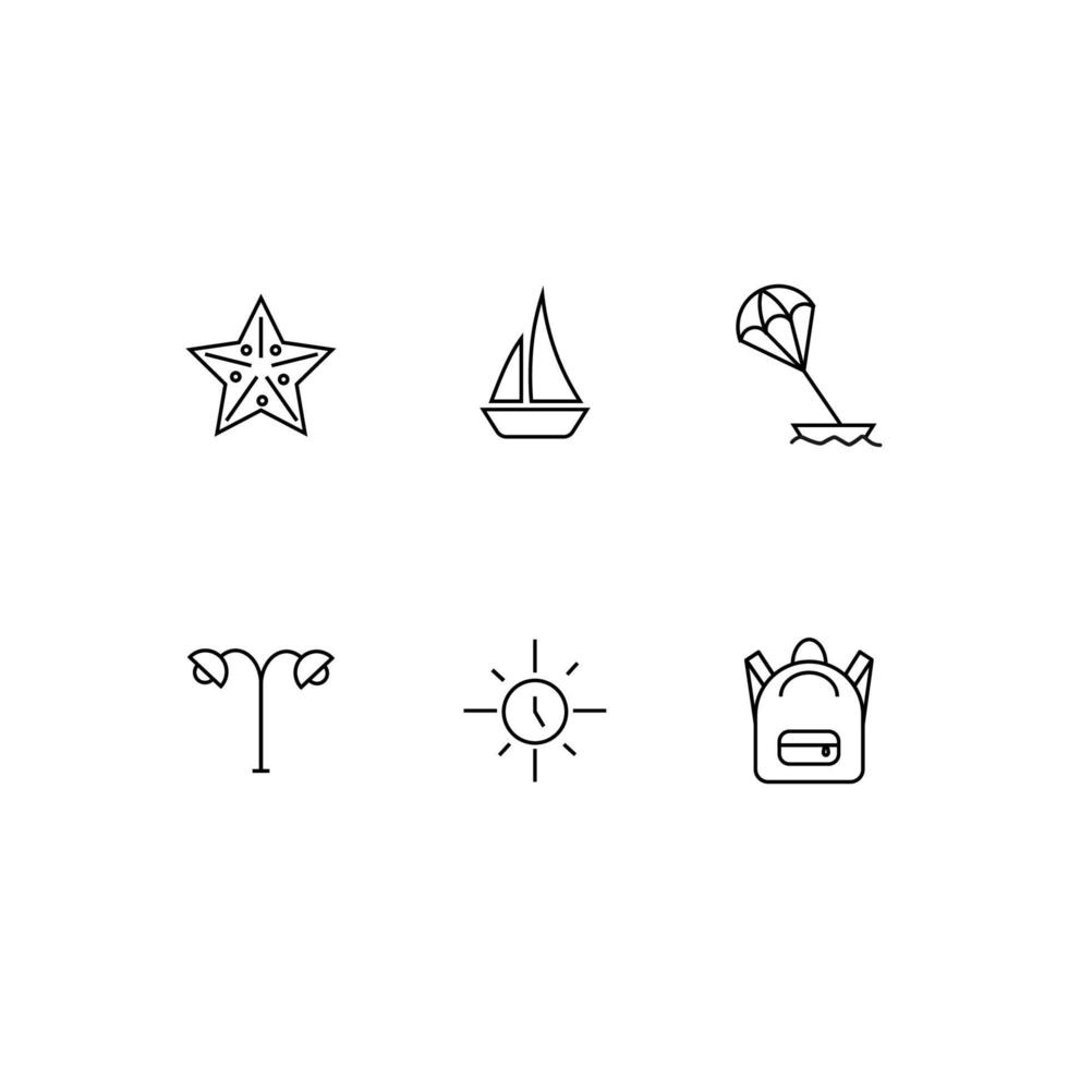 overzichtssymbool in moderne vlakke stijl geschikt voor advertenties, boeken, winkels. lijn icon set met iconen van zeester, zeilboot, parasailing, straatlantaarns, klok, rugzak vector