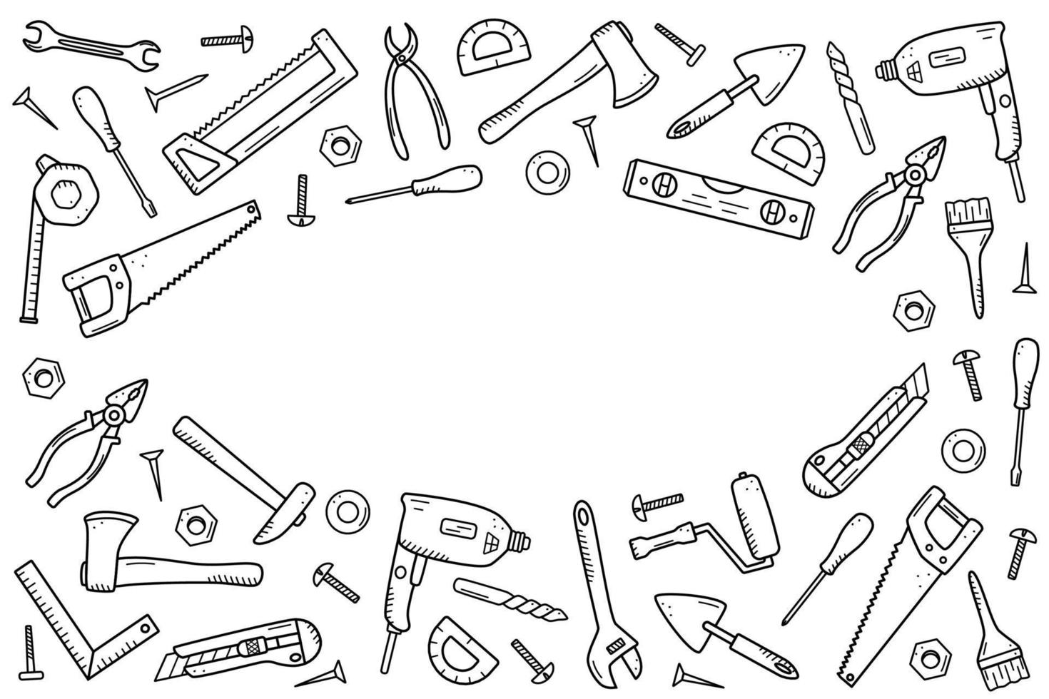 bouwhulpmiddelen, doodle vector set reparatie-elementen, cartoon pictogrammen