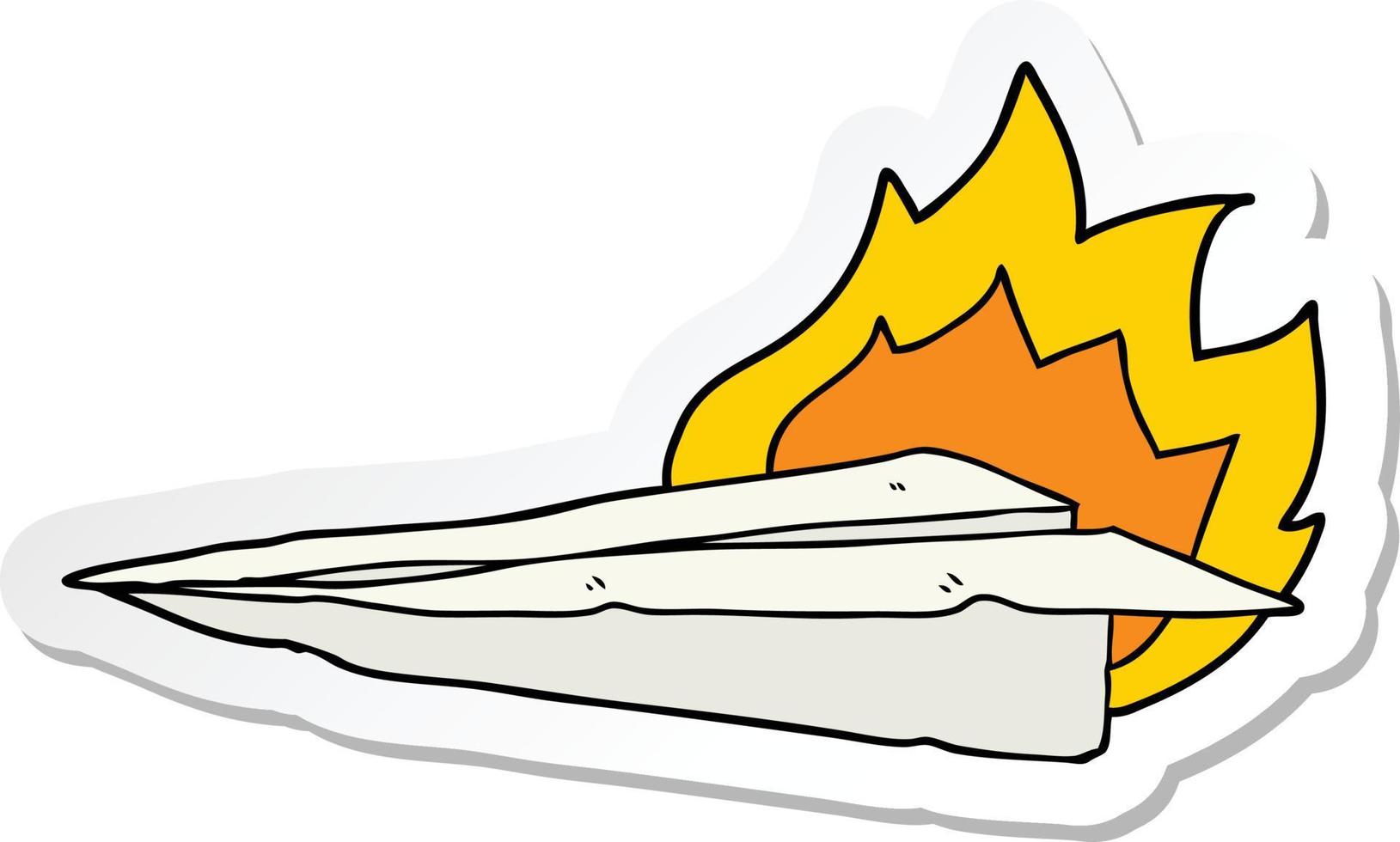 sticker van een cartoon brandend papieren vliegtuigje vector