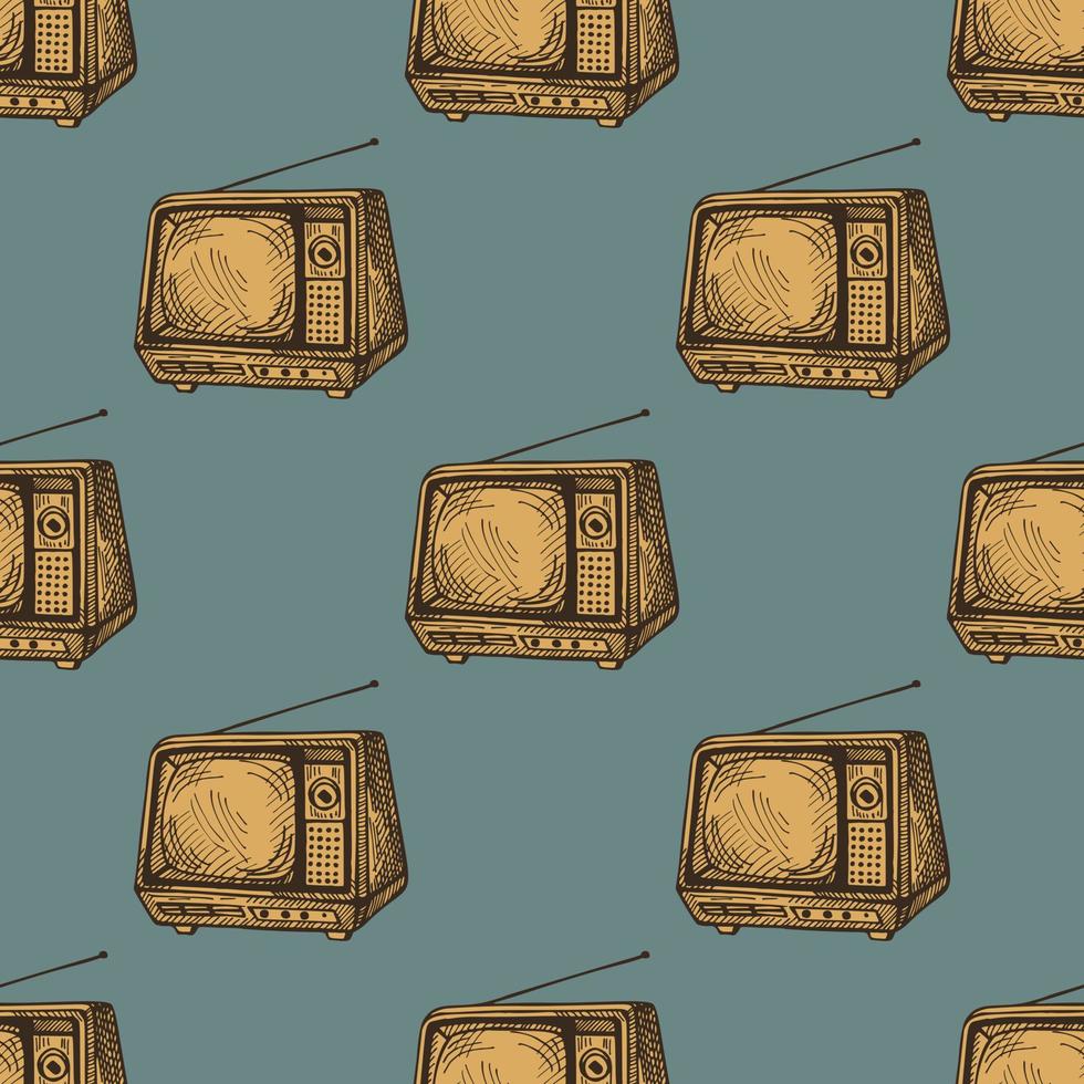 retro tv gegraveerd naadloos patroon. vintage televisie met antenne in de hand getekende stijl. vector