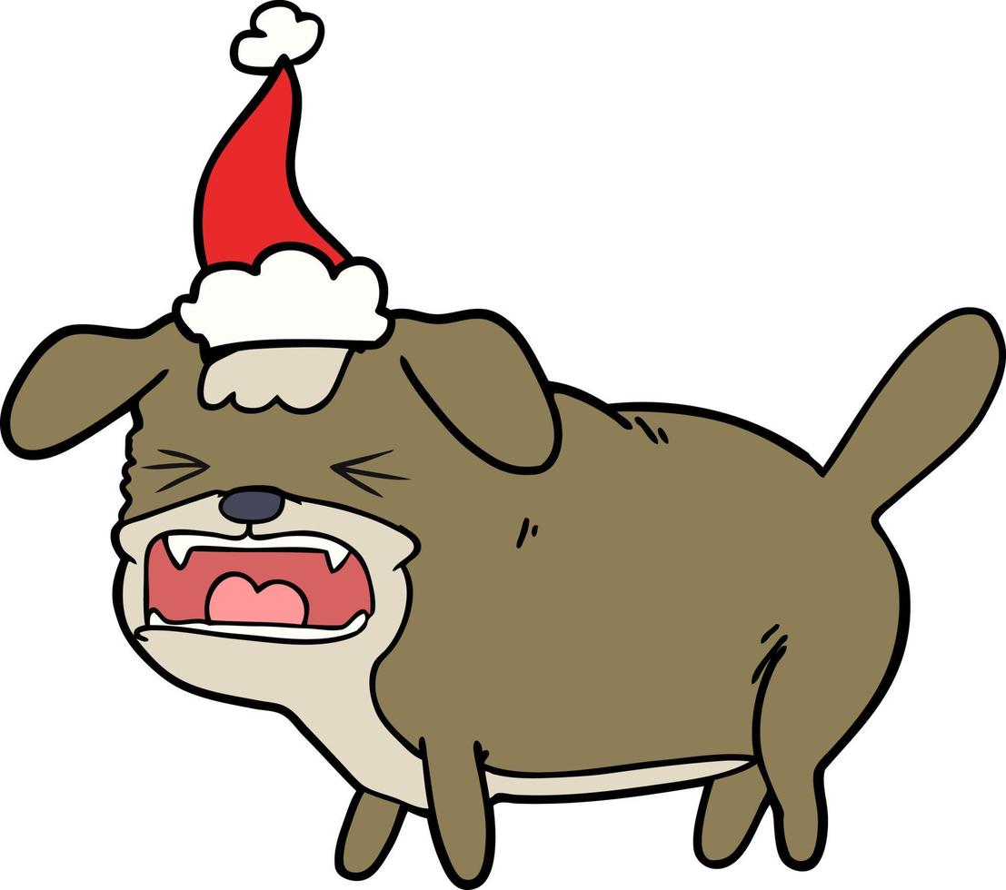 lijntekening van een blaffende hond met een kerstmuts op vector