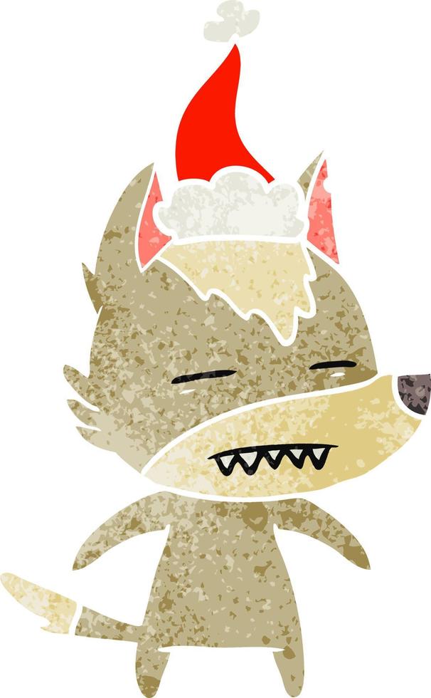 retro cartoon van een wolf met tanden die een kerstmuts dragen vector
