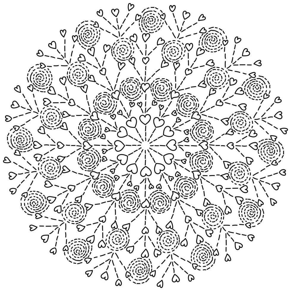 contour mandala met hartjes en spiralen, zen Valentijnsdag kleurboek vector