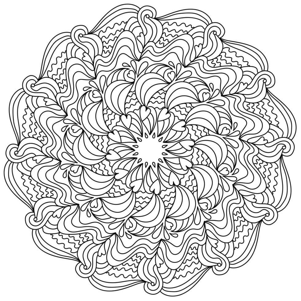 mandala kleurboek over liefde, harten en patronen in de vorm van een rond symmetrisch zen-frame, anti-stress meditatieve tekening voor Valentijnsdag vector