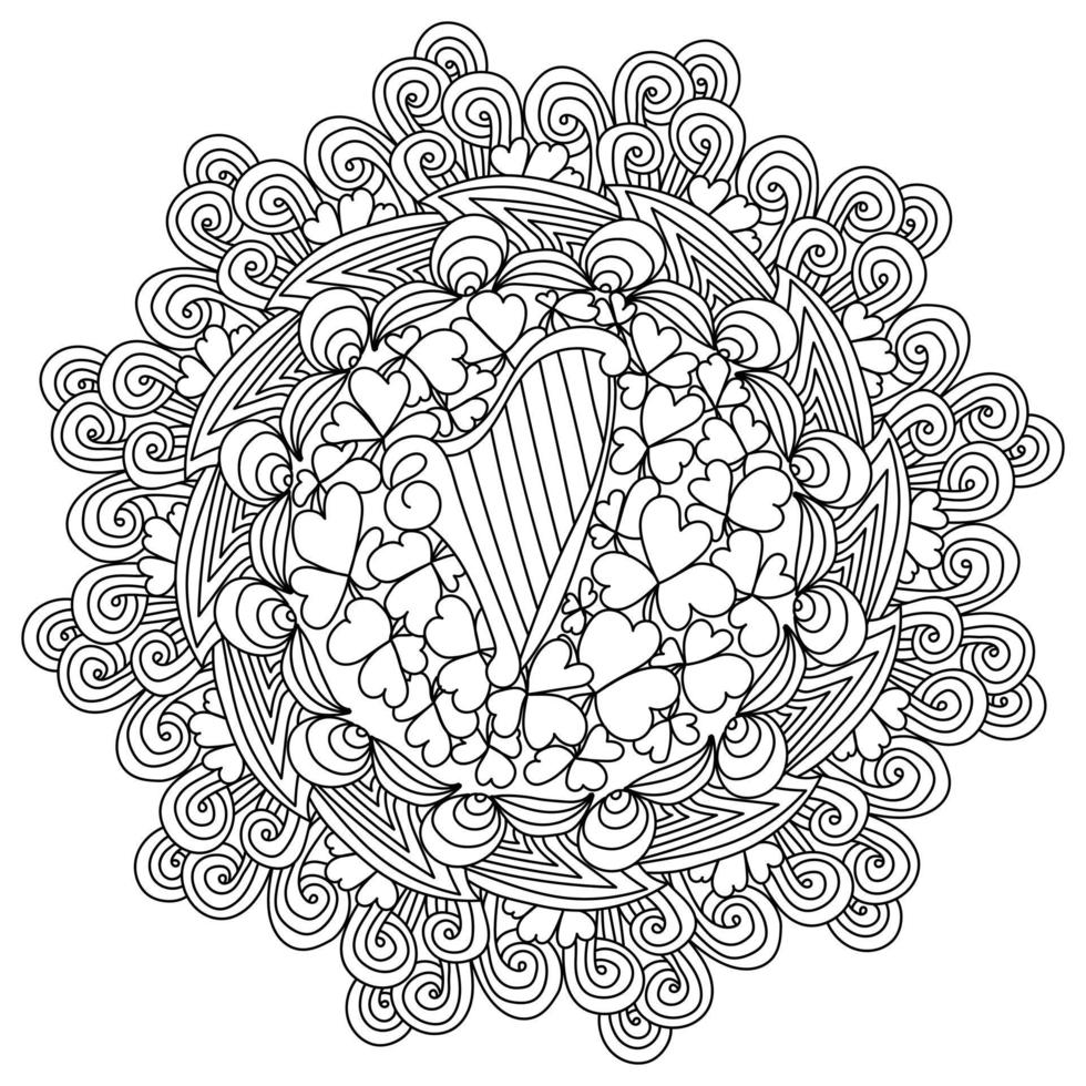 sierlijke mandala met klaverbladeren en een harp in het midden, st. patricks dag kleurplaat vector