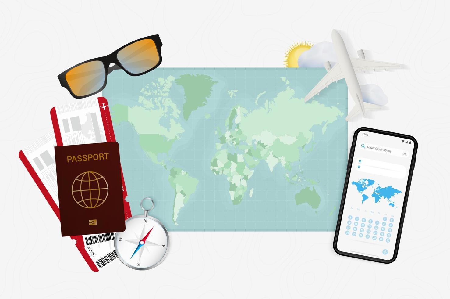 kaart van de wereld in het groen met mobiele telefoon, paspoort, vliegtickets, zonnebril, enz. vector