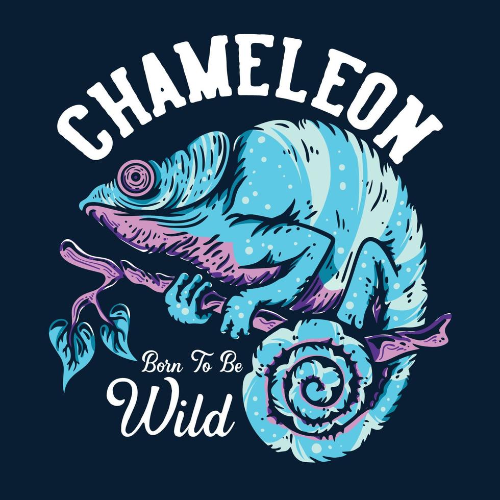 t-shirtontwerp kameleon geboren in het wild met kameleon die de twijgen vasthoudt vintage illustratie vector