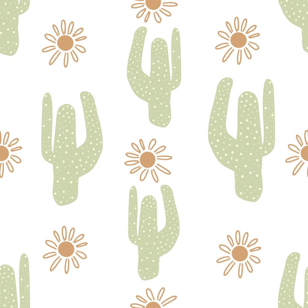 schattige cactus en zon naadloze patroon achtergrond. handgetekende woestijncactussen herhalen textuur. zomer kinder print vector