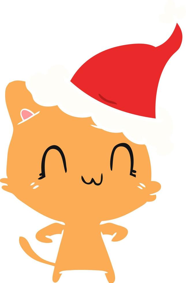 egale kleurenillustratie van een gelukkige kat die een kerstmuts draagt vector