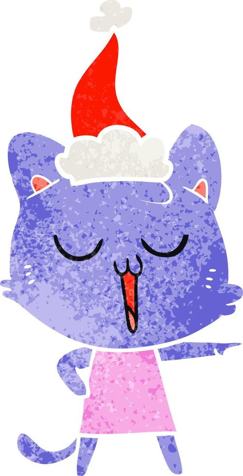 retro cartoon van een zingende kat met een kerstmuts vector