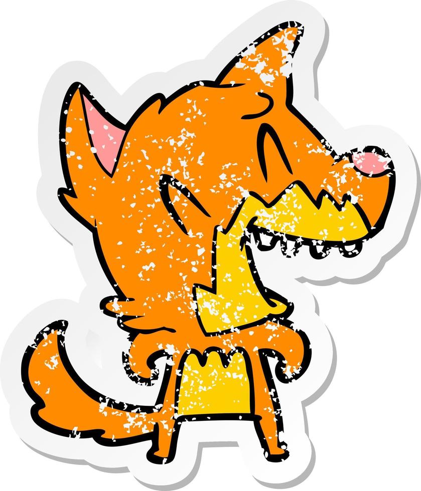 verontruste sticker van een cartoon van een lachende vos vector